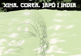 Cartell amb una marca d'aigua de Buda i els noms dels països de Xina, Japó, Índia i Corea.